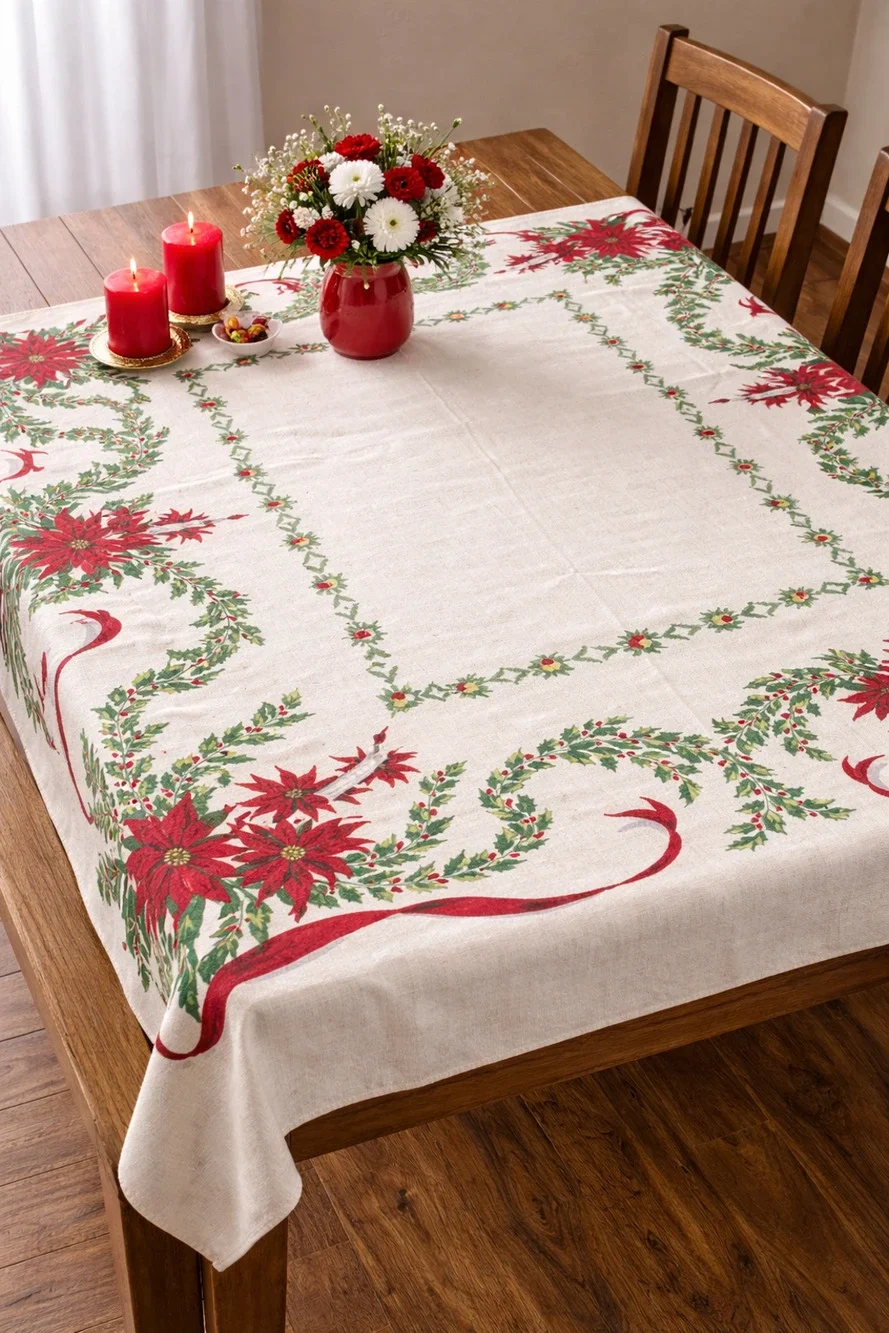 Christmas Woven Poinsettia Holly Tablecloth Cotton Holiday Décor 75x112